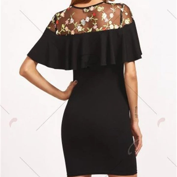 Embroidered Ruffled Short-Sleeved Bodycon Dress