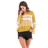 New O-neck Loose Cuff Slits Long Sleeve Striped T-shirt Tops