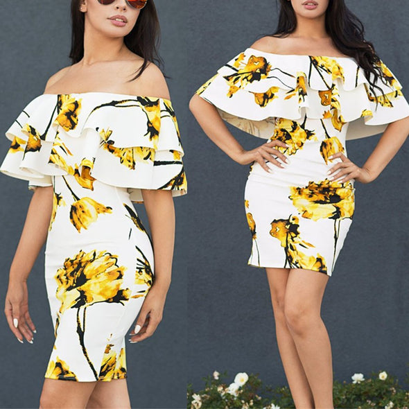 Double Lotus Leaf Floral Printed Slim Bodycon Dress