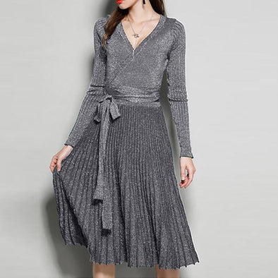 Women's New V-Neck Long Sleeve Knit Silk Pleated Dress