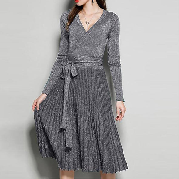 Women's New V-Neck Long Sleeve Knit Silk Pleated Dress