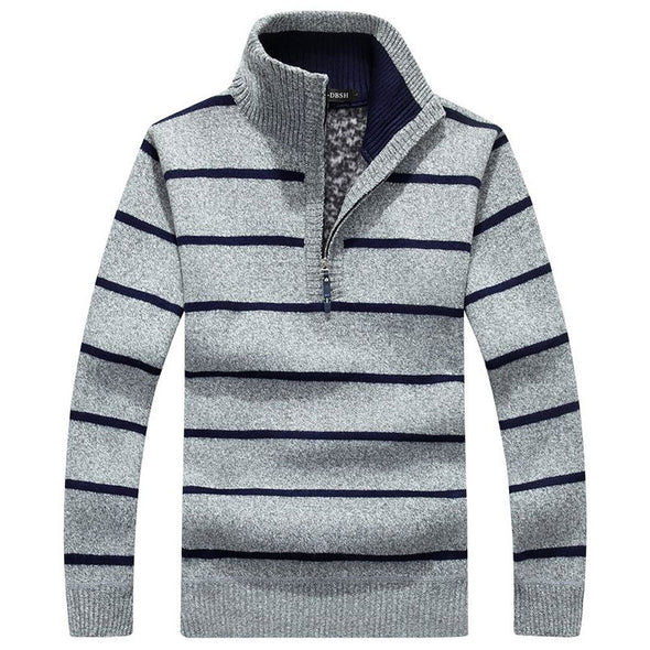 Fashion Stand Collar Striped Zipper Pullover Plus Velvet Sweater