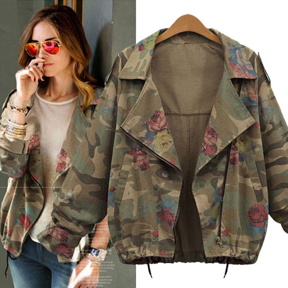 Fashion Batwing Sleeve Zipper Turn-down Collar Camouflage Coat