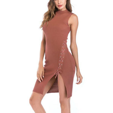 Sexy Slit Blinding Elastic Knit Sleeveless  Bodycon Dress