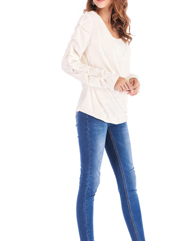 Long Sleeve V-Neck Solid Color T-Shirt