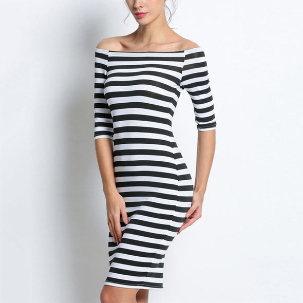 Cutaway Collar Strapless Striped Package Hip Bodycon Dress