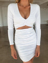 V Neck Pure Color Long Sleeve Bodycon Dress