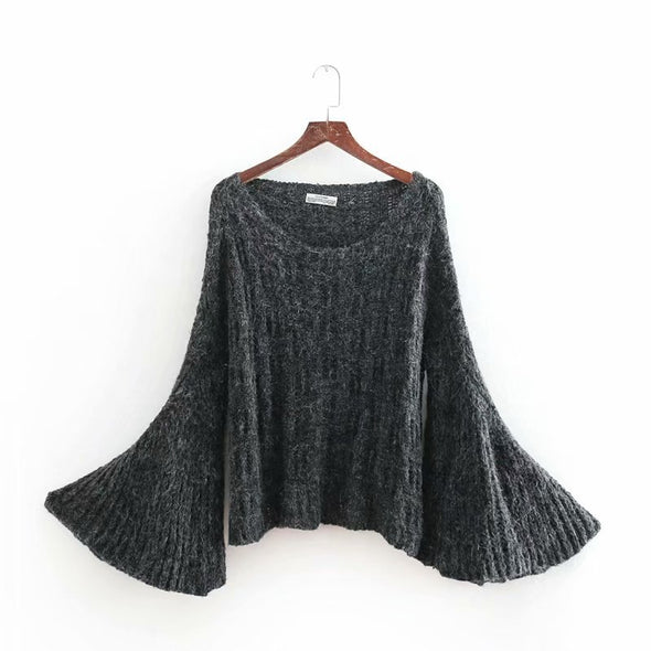 Fashion Solid Slash Neck Flare Sleeve Knitting Sweater