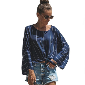 Women's loose vertical stripes long sleeves strap shirt