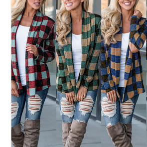 Fashion Women Stripe Check Cardigan Outerwear