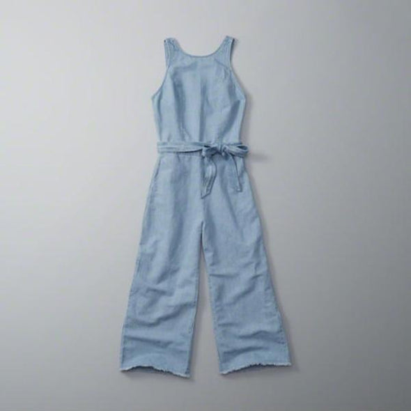 Sexy Denim Round Neck Tie Bow Backless Waist Jumpsuit