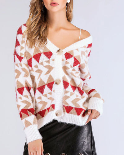 Single-Breasted V-Neck Long-Sleeved Sweater