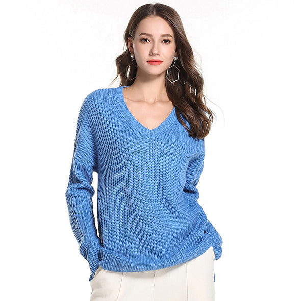 Solid Color V- neck Long Sleeve Sweaters