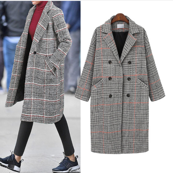 Fashion Plaid Double-breasted Long Sleeve Woolen Coat