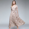 Fashion V-Neck High Waist Hollow Lace Long Sleeve Dress