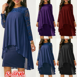 Lace Chiffon Stitching Irregular Long Sleeve Dress