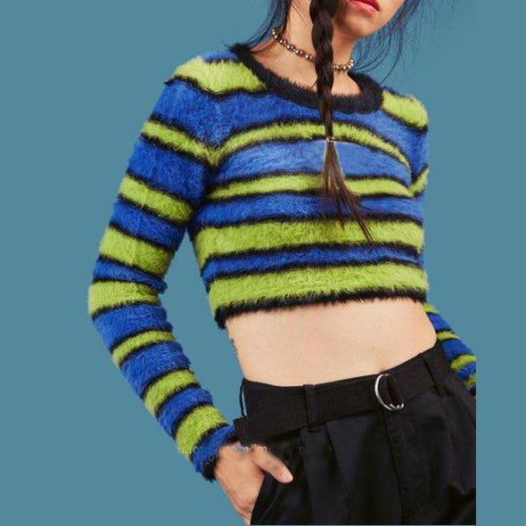 Striped Round Neck Otter Short Section Navel Sweater