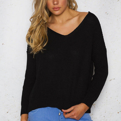 Loose Backless Bandage V- neck Sweaters