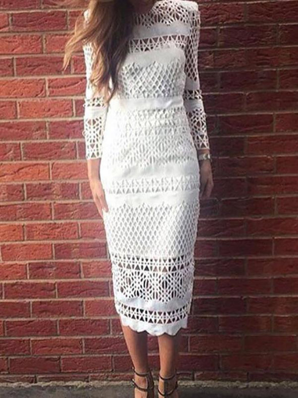 Solid Color Round Neck Long Sleeve Stitching Bodycon Dress