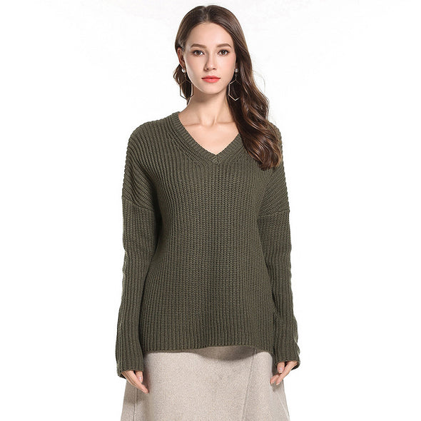 Solid Color V- neck Long Sleeve Sweaters