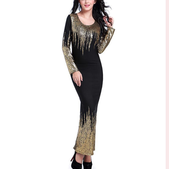 Gilt Cotton Slim Long-Sleeved Evening Dress