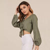 V-neck single-breasted lantern long-sleeved blouse