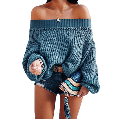 Women Solid Color Knitted Lantern Long Sleeve Sweater