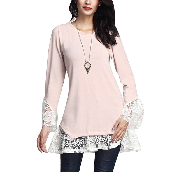 O-Neck Long Sleeve Irregular Stitching Hook Flower Hollow T-Shirt