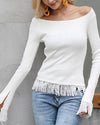 Fringed Long Sleeve Solid Color O-Neck T-Shirt