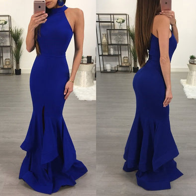 Sleeveless Solid Color Lotus Leaf Package Hip Evening Dress