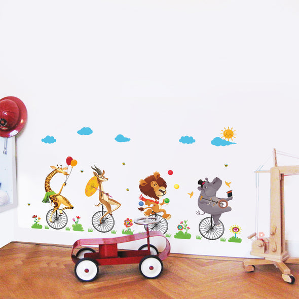 Cartoon Animal Stepping On Bicycle Wall Sticker