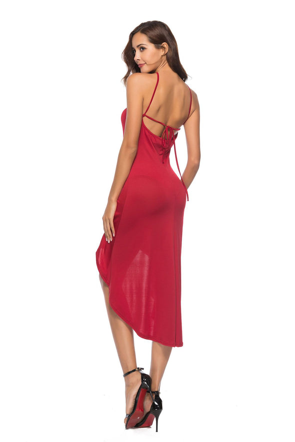 Sexy Solid Strapless Hanging Neck Asymmetrical Dress