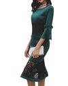 Lace Stitching Trumpet Sleeve Fishtail Evening Dress