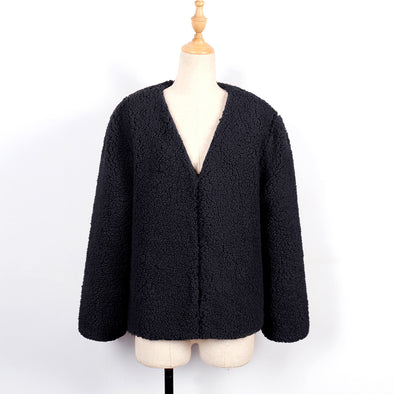 Faux Fur Long Sleeve V Neck Plush Cardigan Outwear