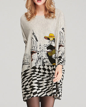 Loose Printed O-Neck Long Sleeve Sweater