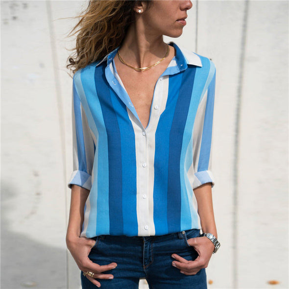 Women's Casual Striped Long-Sleeved V-Neck Shirt