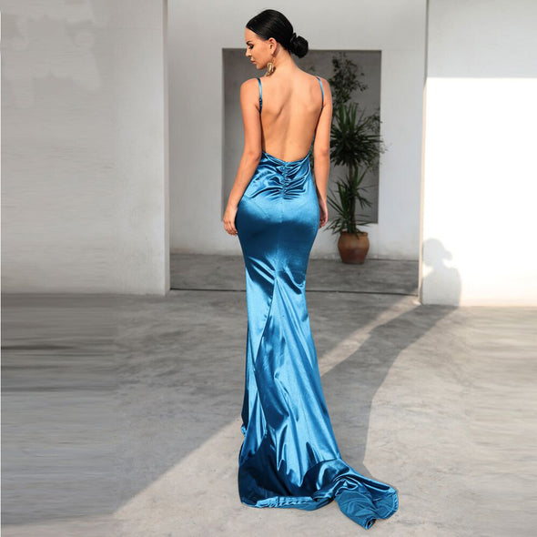 Sexy Backless Pleated  V-neck Sling Evening Dress