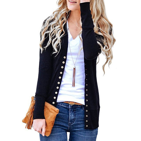 New Solid Color V-Neck Long-Sleeved Button Knit Cardigan