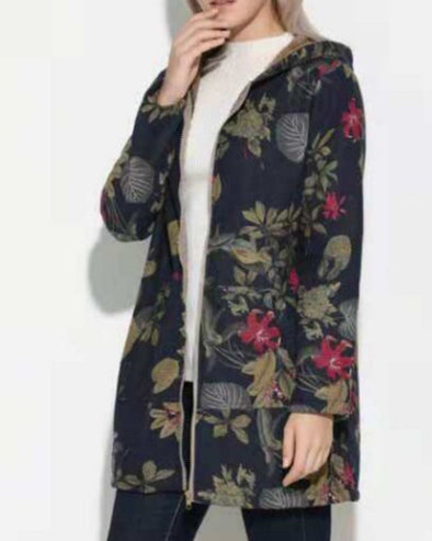 Leaf Print Hooded Long Sleeve Jacket