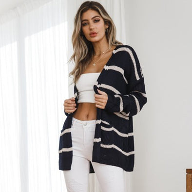 Casual Striped Stitching V-Neck Knitting Sweater