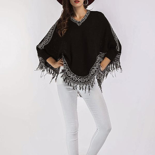 Loose V-Neck Fringed Bat Sleeve Sweater