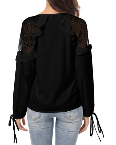 Lace-Paneled V-Neck Long-Sleeved Chiffon Shirt