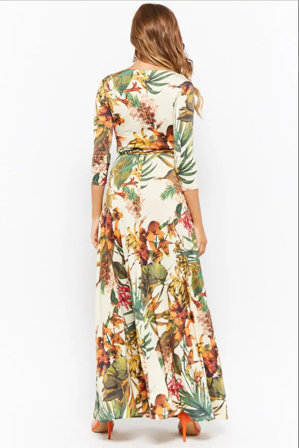 New Deep V-neck Cropped Sleeve Print Dress