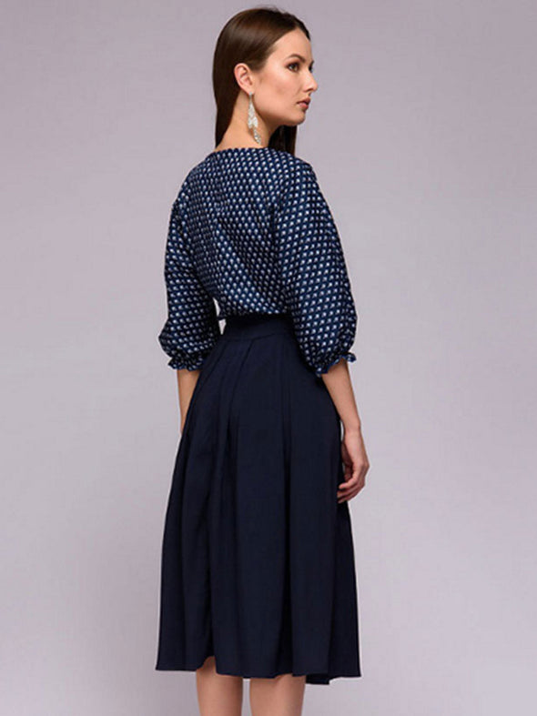 New Round Neck Print Cropped Sleeve A-Line Dress