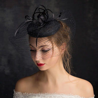 New Hemp Yarn Feather Mesh Black Top Hat