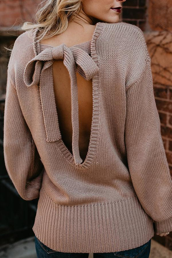 Round Neck  Bowknot  Back Hole  Plain Sweaters