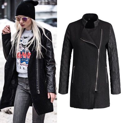 Band Collar Zipper Patchwork Outerwear