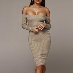 Sexy Solid Off Shoulder Long Sleeve Bodycon Dress