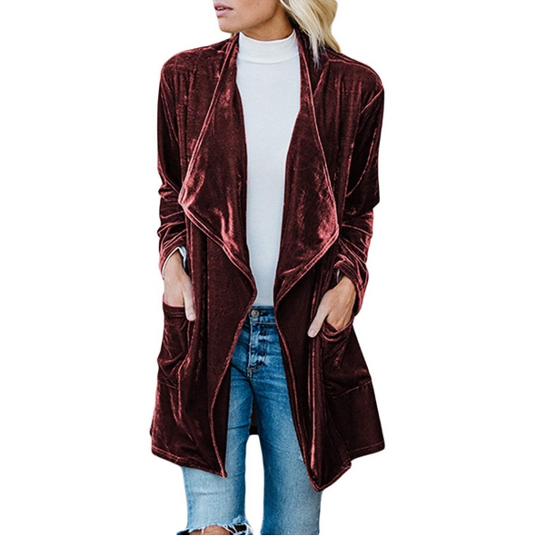 Fashion Gold Velvet Long Trench Cardigan Coat