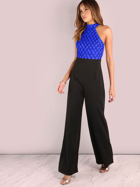 Fashion Hanging-Neck Off Shoulder Sequin Stitching Flare Jumpsuit